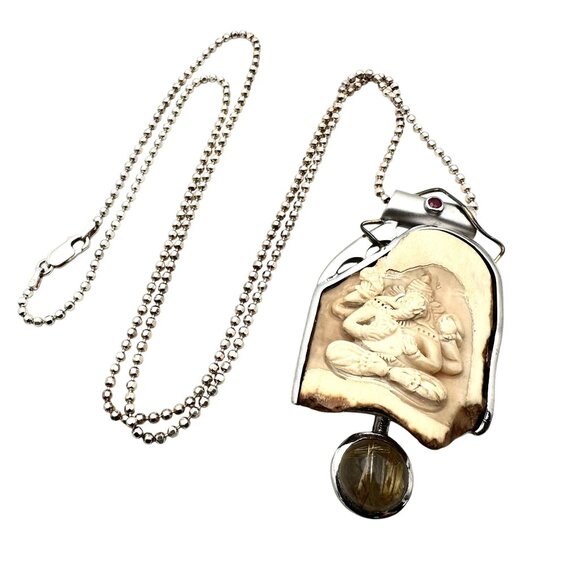 Vintage Artisan 18K Gold Sterling Silver Carved Pendant Quartz Ruby Gemstones - Picture 2 of 4